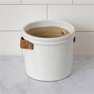 Pottery Crock With Faux Leather Handles